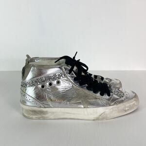 Golden Goose Women Silver Mid Star Metallic Leather Glitter Mid Top Sneakers 38
